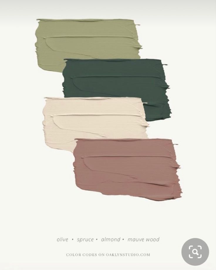 four different shades of paint with the words olive, spruce, almond, mouver wood