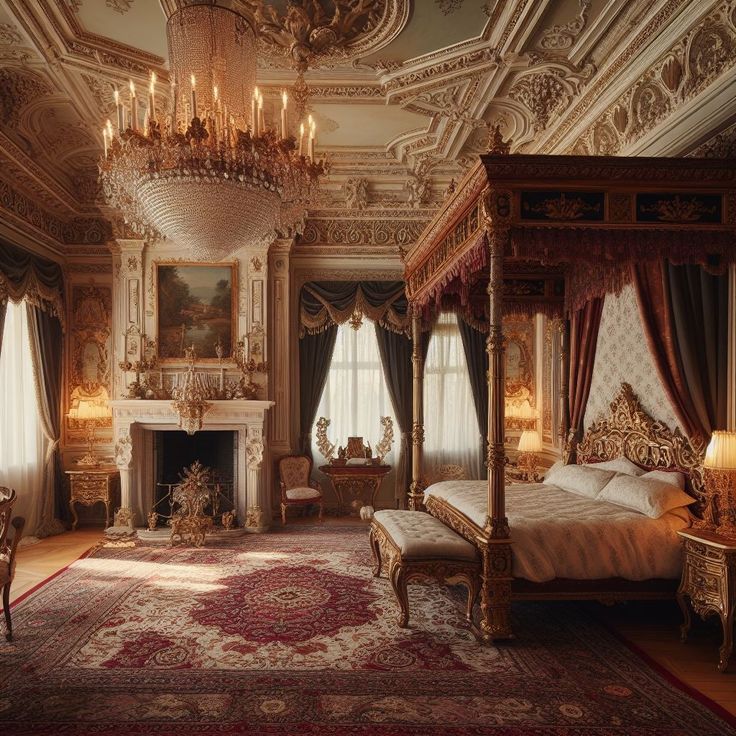 an ornate bedroom with chandelier, fireplace and bed in it's center