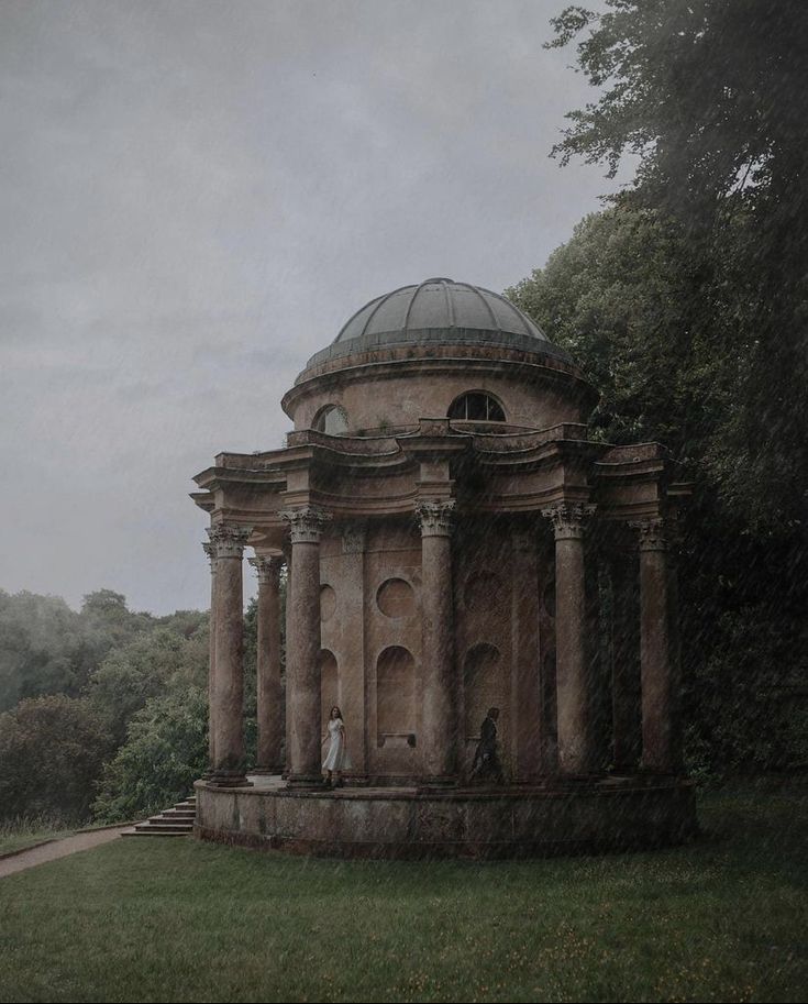 a painting of a gazebo in the middle of a field with trees and grass