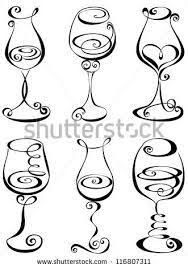 wine glasses with swirly designs on the rims and stemings, hand drawn in black ink