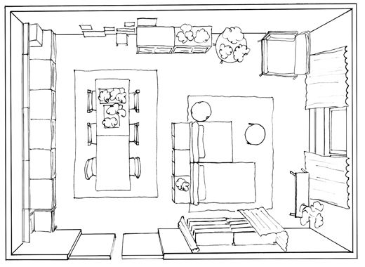 a black and white drawing of a living room