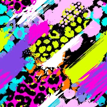 an abstract background with colorful paint strokes and spots on black, pink, blue, green, yellow