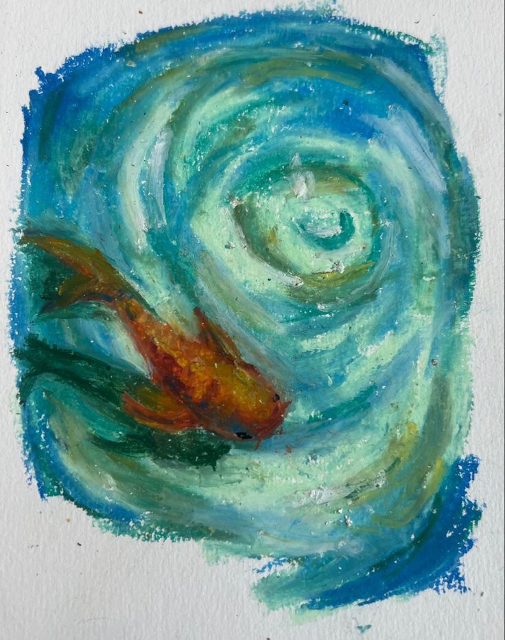 a painting of a goldfish swimming in the water with swirls and bubbles around it