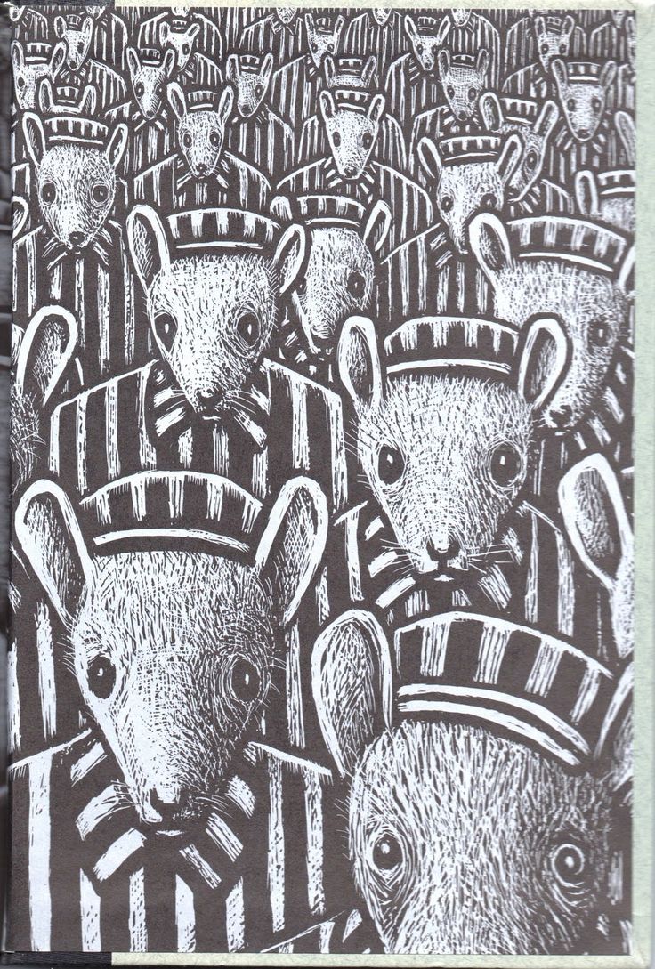 a drawing of three mice wearing hats in front of a crowd of other mouses