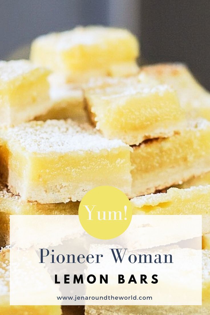 lemon bars stacked on top of each other with the words yum written above them