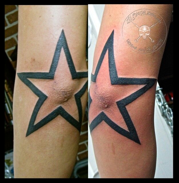 two different pictures of the same tattoo on someone's legs, one with black and white stars