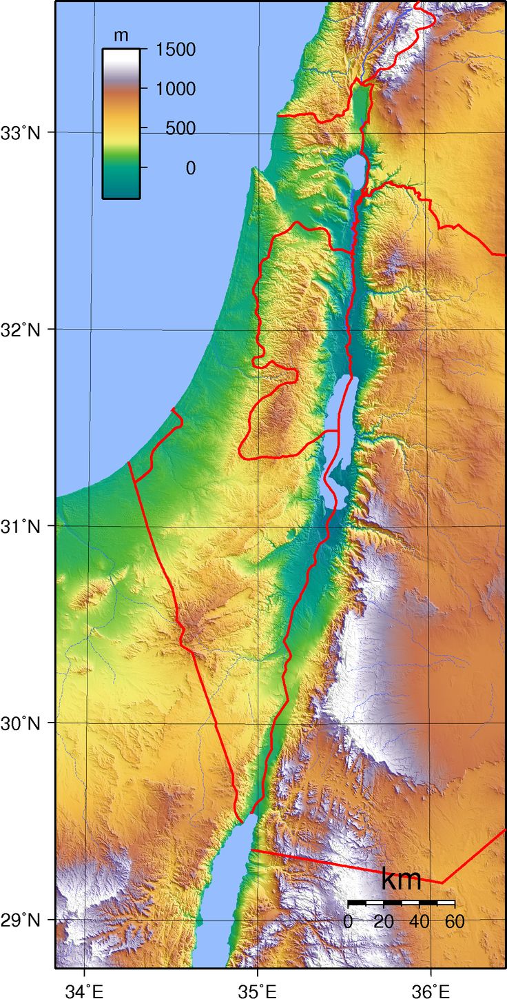 a map of the middle east with mountains and rivers in red, yellow and green