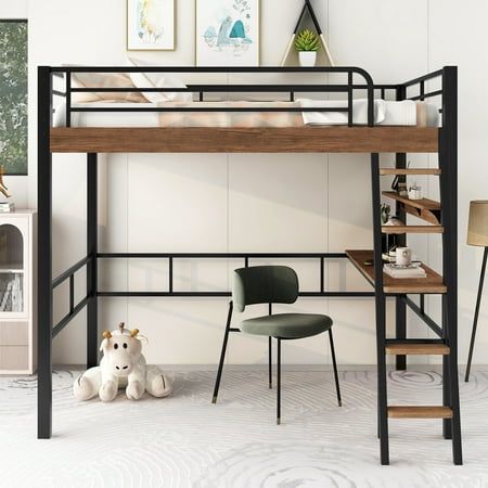 there is a loft bed with a desk underneath it and a chair next to it