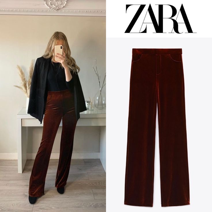 Brown Velvet Pants As Sweet As Chocolate These Trousers Are Just A Dream Unbelievably Soft And Stretchy And Super Comfortable High Waisted With Elastic Waist Bands False Front Pockets Flare Legs With Slits Zara Wide Leg Pants For Fall Party, Zara High Waist Bottoms For Winter, Zara High Waist Pants For Fall, Zara High Waist Wide Leg Pants For Fall, Zara Wide Leg Pants For Fall, Zara Wide Leg Pants For Night Out In Fall, Zara Full Length Bottoms For Winter, Zara Non-stretch Party Bottoms, Zara Wide Leg Bottoms For Winter