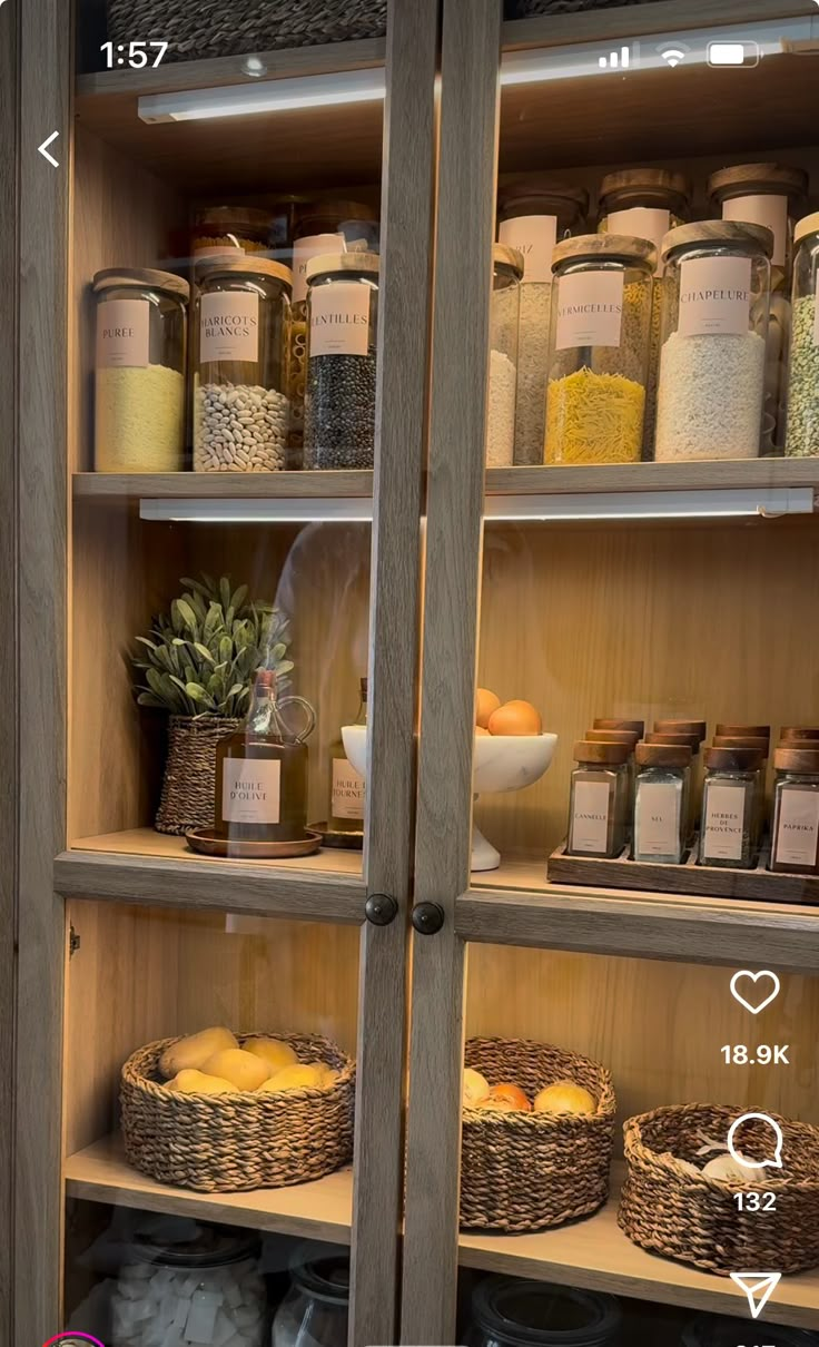 the shelves are filled with different types of food