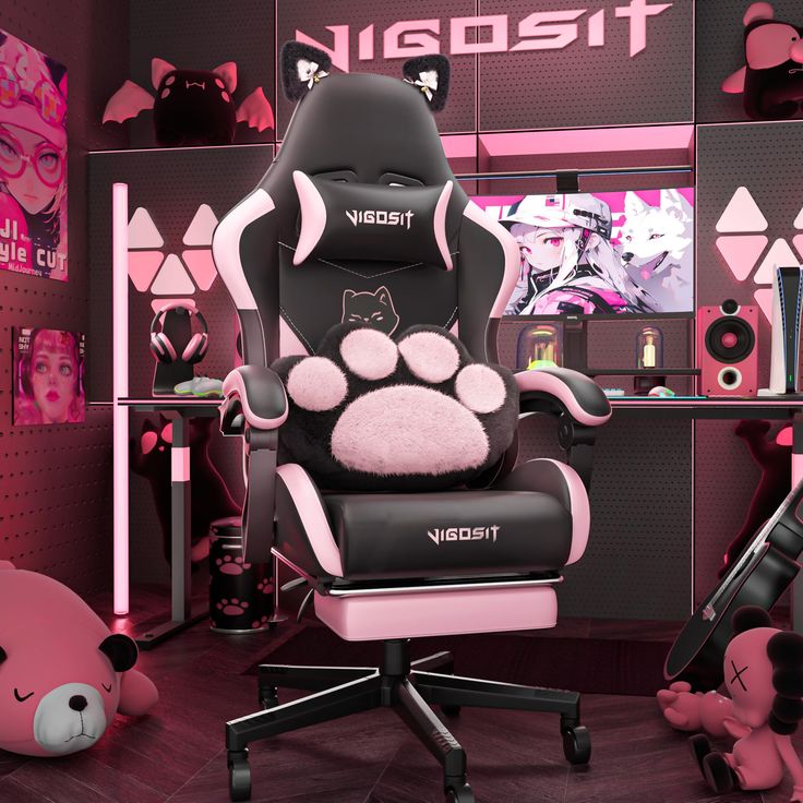 a pink and black gaming chair with a cat paw print on the back, sitting in front of a teddy bear