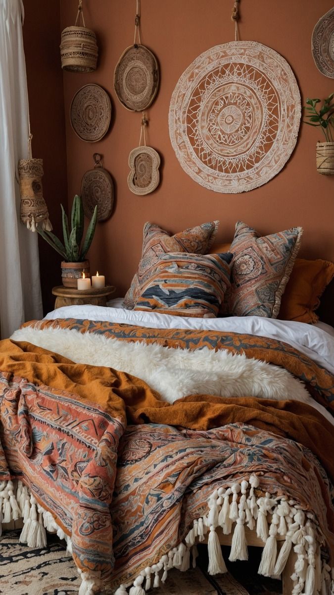 a bed with blankets and pillows on top of it in front of a wall hangings