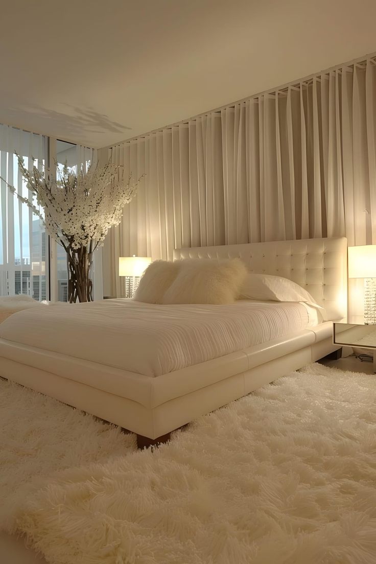 a large white bed sitting in a bedroom next to a tall vase with flowers on it