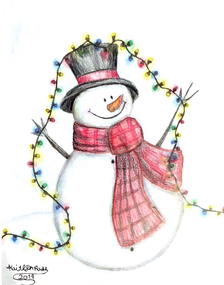 a drawing of a snowman wearing a hat and scarf with lights around his neck