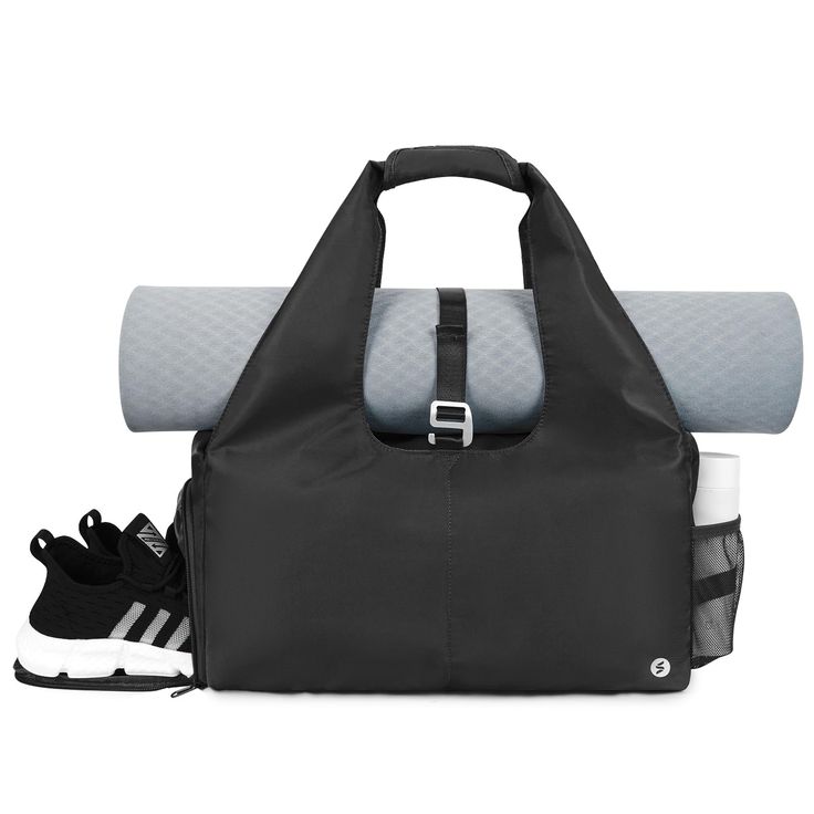 the gym bag is open and ready to be carried by someone with their feet on it