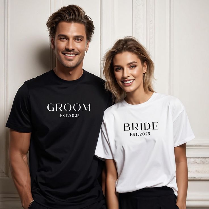 two people standing next to each other wearing t - shirts that say groom and bride