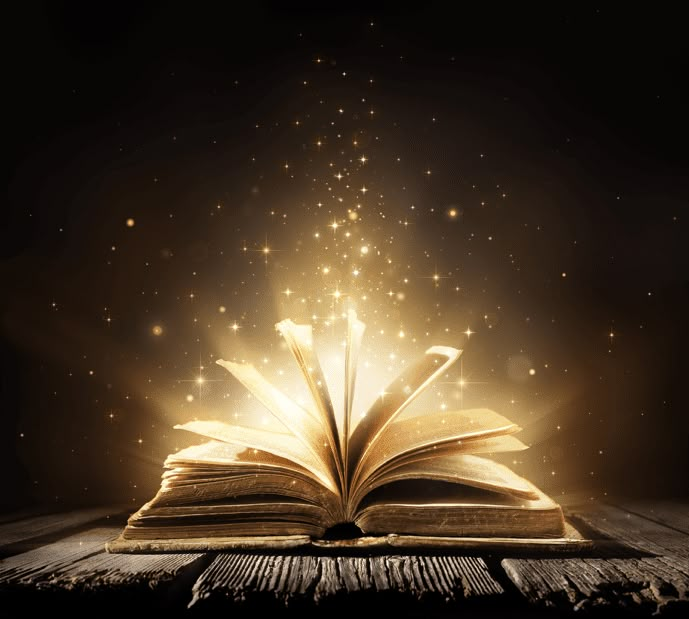 an open book with light coming out of it on top of a wooden table in front of a black background