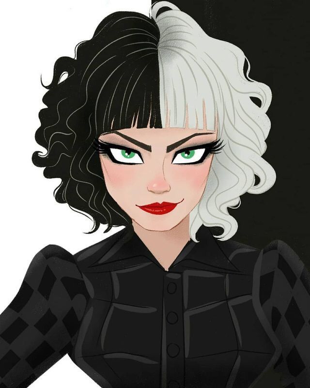 a woman with white hair and green eyes is wearing black clothes, red lips and checkered sleeves