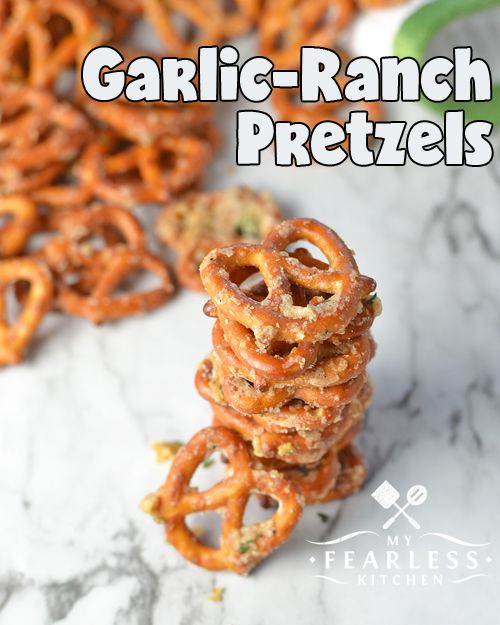 some pretzels stacked on top of each other with the words garlic ranch pretzels above them