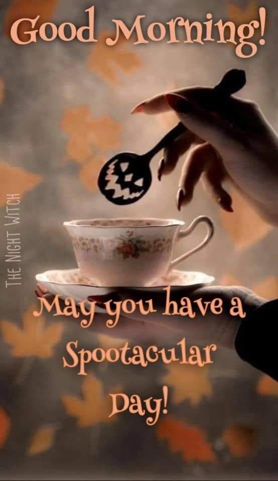 a woman holding a cup and saucer with the words good morning may you have a spectacular day