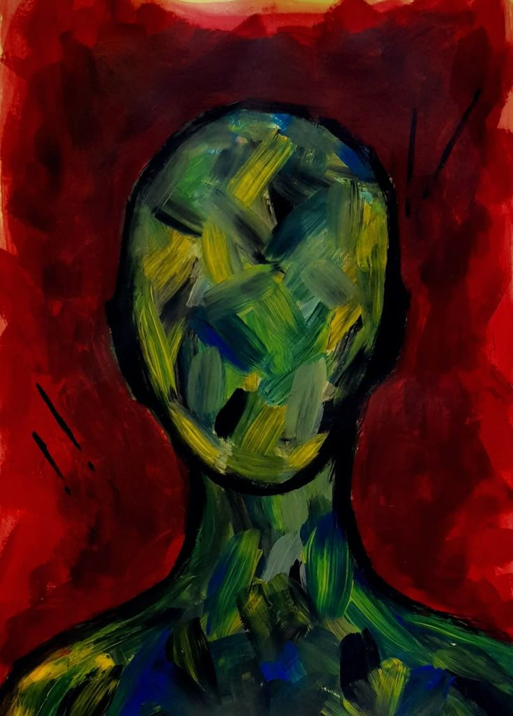 an abstract painting of a man's head and torso in green, red and yellow colors