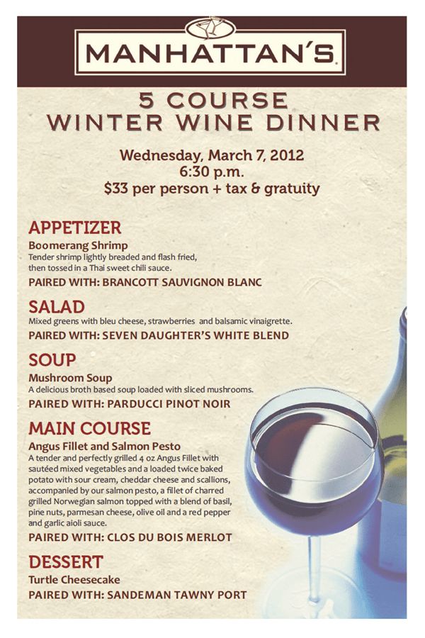 the menu for manhattan's 5 course winter wine dinner