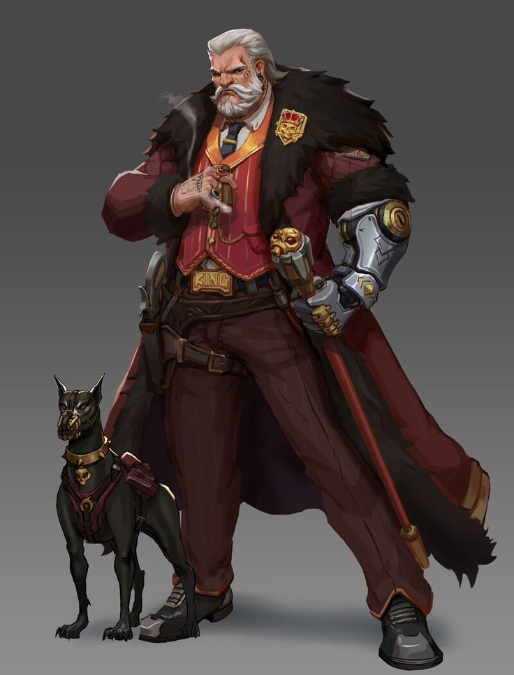 an old man standing next to a dog and holding a pipe in his right hand