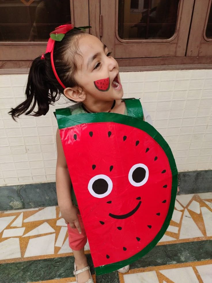 Fruit day fancy dress Fruits And Vegetables Fancy Dress Ideas, Fruits Costume Diy, Watermelon Fancy Dress For Kids, Fancy Dress Fruits For Kids, Fruit Day Activities For Kids, Fruits Fancy Dress For Kids, Diy Watermelon Costume, Fruit Costumes For Kids, Fruit Costume Diy