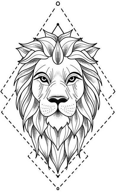 a lion's head with geometric shapes in the background, on a white background