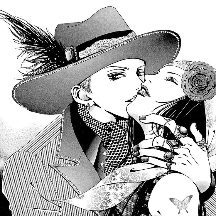 a black and white drawing of a man kissing a woman's face with feathers on her hat