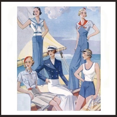 on the beach, 1920s style Sailing Fashion, Nautical Chic, 1930 Fashion, Vintage Sailor, 1930's Fashion, Estilo Real, Sailor Style, 30s Fashion, 20th Century Fashion