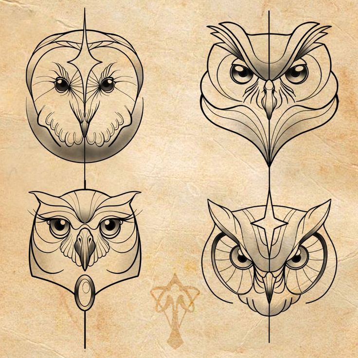 three owls with different shapes and sizes on them, each one has an owl's head