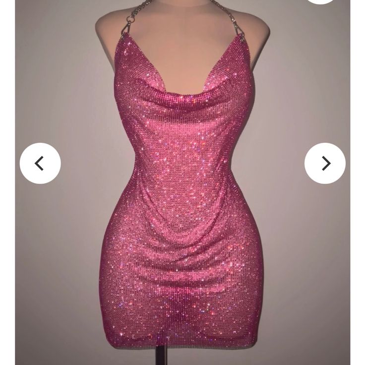 Purchased This Dress For My Birthday. Only Wore Once To Try On. The Dress Is A Medium But It Is Made Of Hot Pink Rhinestones So It Doesn’t Stretch Much. It Would Likely Fit A Small Since I Typically Wear A Small (123 Lbs). I Originally Purchased For $149 But Am Asking For $120. Pink Backless Party Dress, Sparkling Backless Dress For Date Night, Elegant Pink Sparkling Dress, Elegant Sparkling Pink Dress, Fitted Sparkling Pink Mini Dress, Sparkling Pink Dresses For Party Season, Pink Sparkling Evening Dress, Pink Sparkling Mini Dress For Evening, Sparkling Pink Evening Dress