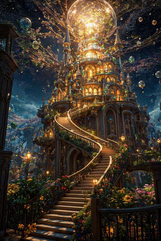 a staircase leading up to a tower with lots of lights and flowers on top of it