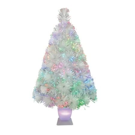 a white christmas tree with multicolored lights on it's top and bottom