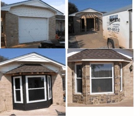 four different pictures of a house with garage doors and windows