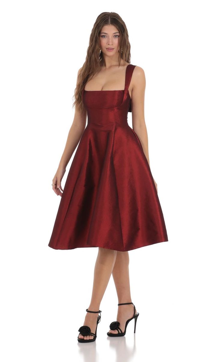 Square Neck Flare Midi Dress in Maroon | LUCY IN THE SKY Maroon Dress Short, Red Satin Dress Short, Valentines Engagement Party, Red Party Dress Short, Dark Red Midi Dress, Fairytale Quince, Christmas Party Dress Classy, Taurus Fashion, Cocktail Dress Classy Evening