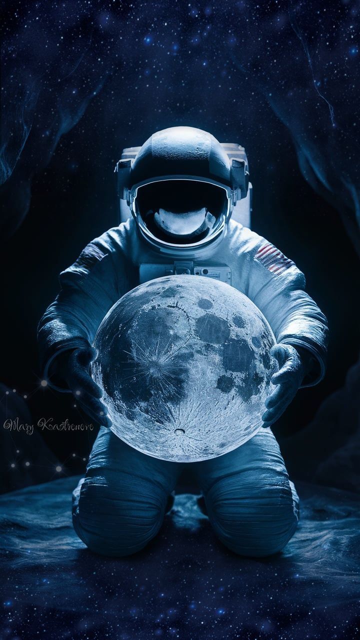 an astronaut holding the moon in his hands