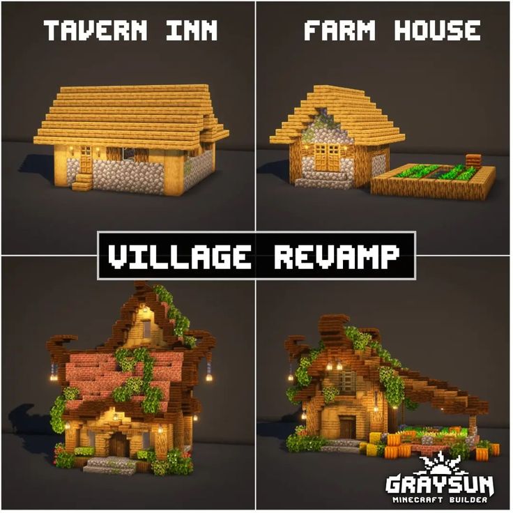 four different types of houses made out of wood and stone with text that reads tavern inn farm house village reamp