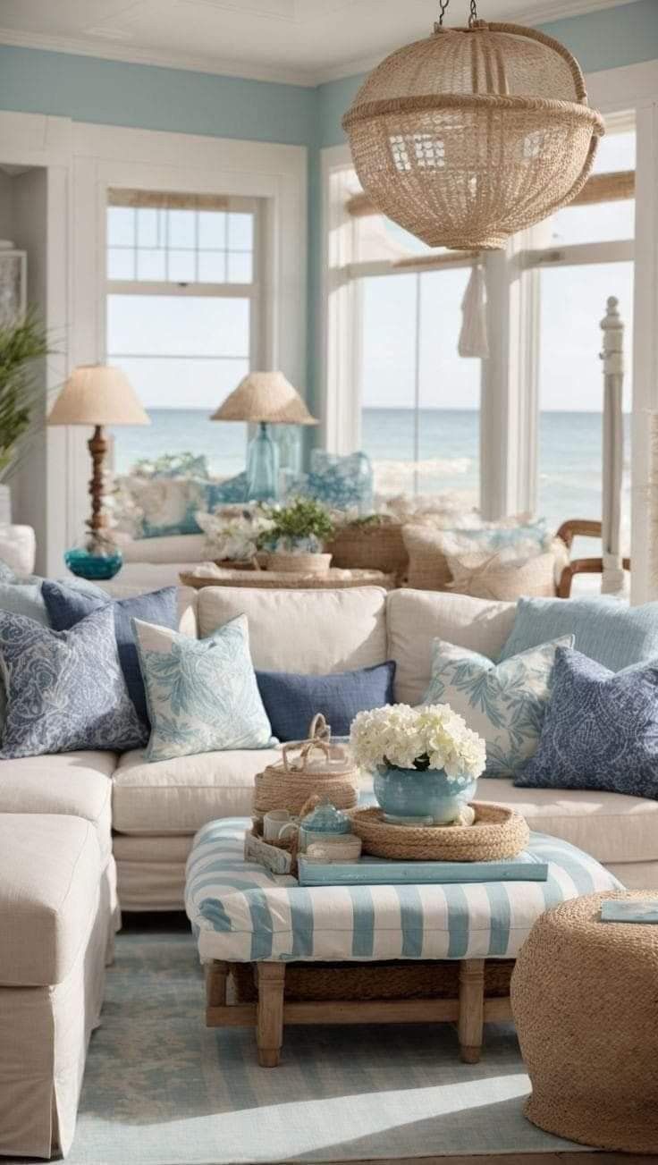 a living room filled with lots of furniture next to an ocean front window and a chandelier