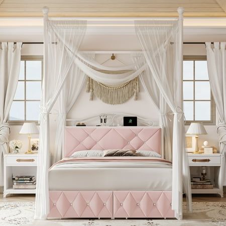 a bed with white curtains and pink furniture in a room that looks like it has been decorated for someone's special occasion