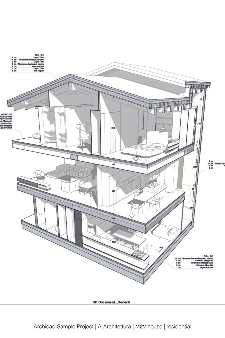 an architectural drawing shows the interior and exterior of a house with multiple levels, including two floors