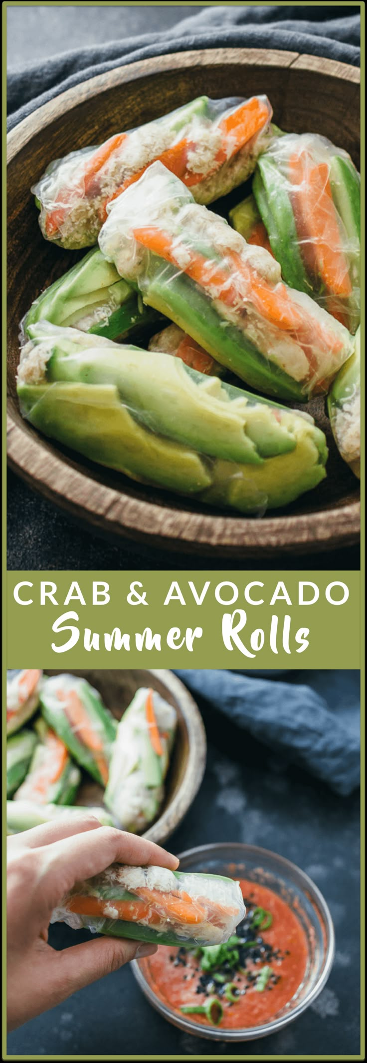 crab and avocado summer rolls in a bowl with dipping sauce on the side