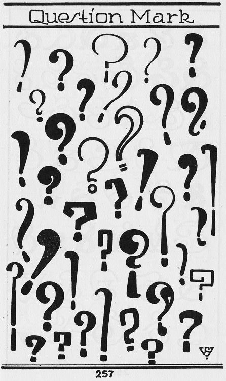 the question mark is shown in black and white, with many different symbols on it