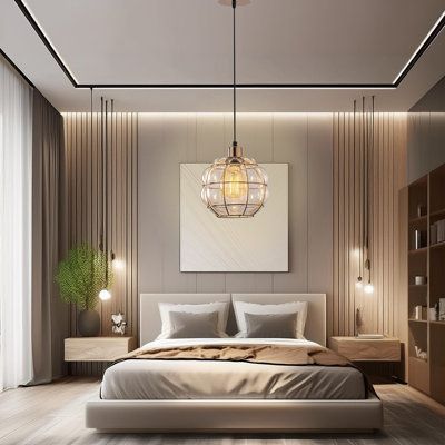 a bedroom with a large bed in the middle of it and lights hanging from the ceiling