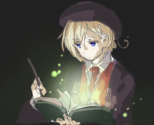 an anime character is reading a book while holding a wand and looking at the camera