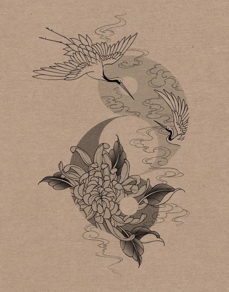 two birds flying in the sky over water with flowers and leaves on it's side