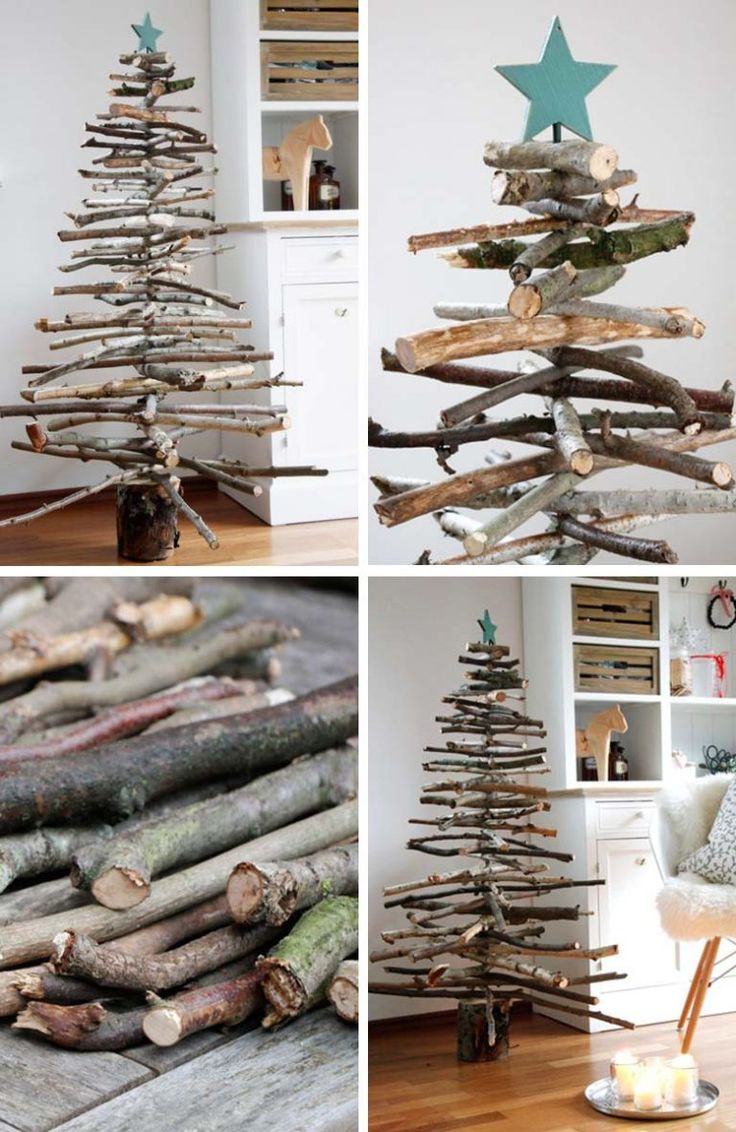 several different types of christmas trees made out of logs and branches, including one with a star on top