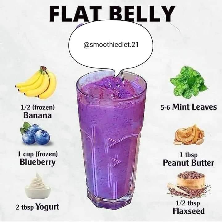 a purple smoothie in a tall glass with the words flat belly above it, surrounded by other foods