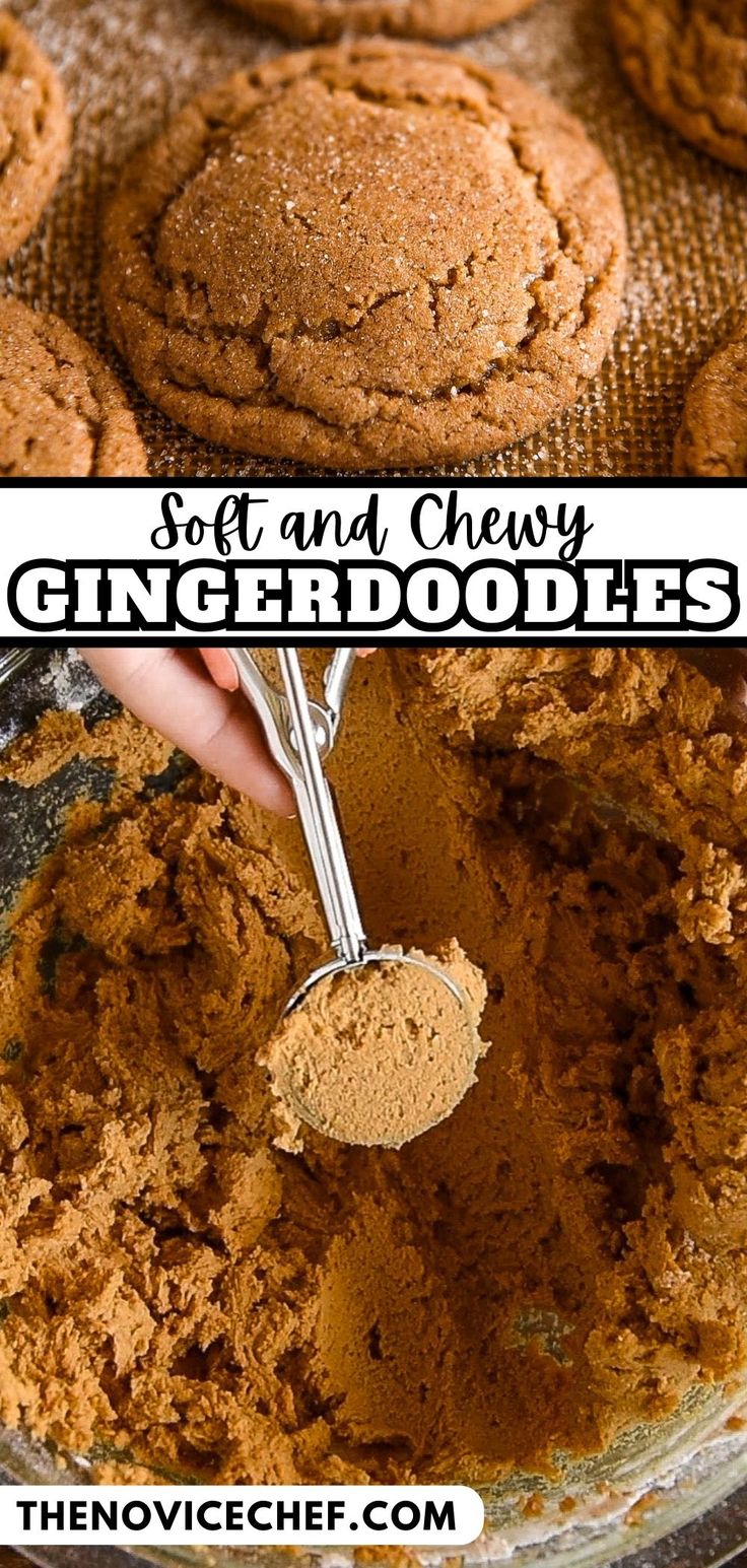 two pictures side by side with the words soft and chewy ginger cookies